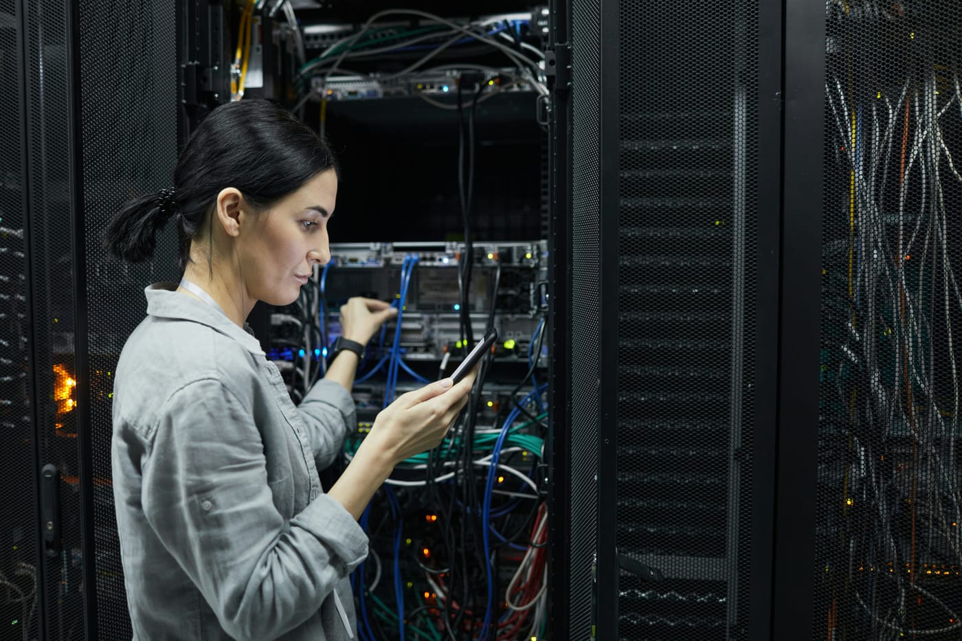 Network engineer working in a data center